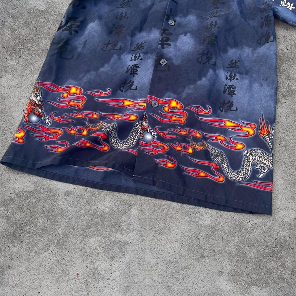 Youth Vintage Y2K Dragon Flame Button Up Shirt Black‎ Red Medium 10 12 Asian Art - Picture 3 of 4